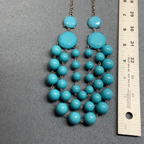 Chunky Statement Necklace 20 In Turquoise Blue Triple Strand Beads Silver Chain - Picture 6 of 7